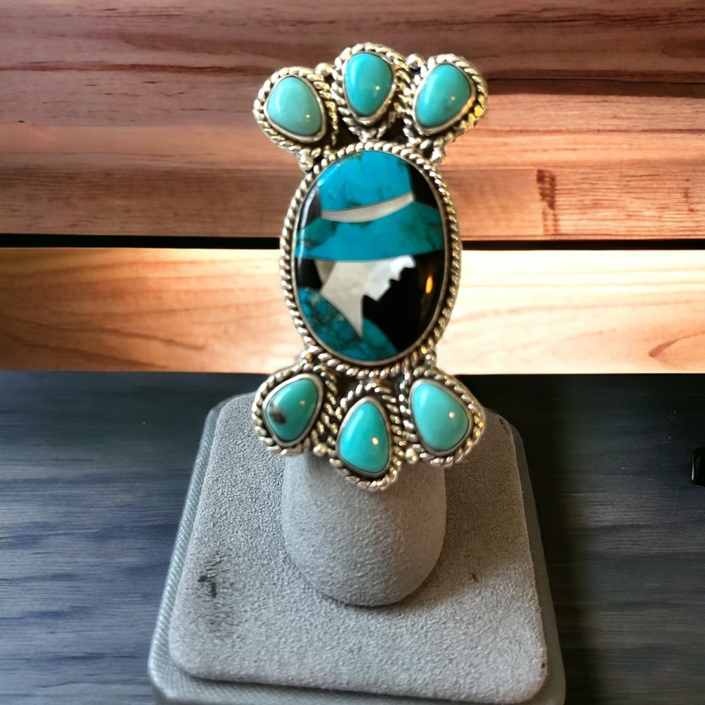 Turquoise Gemstones & Inlayed Turquoise, Black Onyx, & MOP Sterling Silver Ring